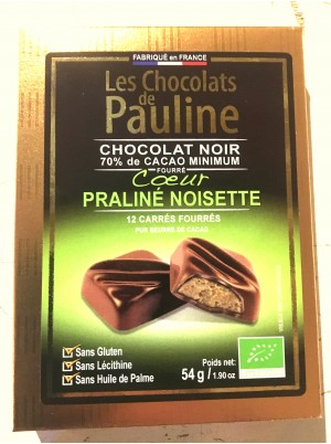 Carrés de chocolat Noir 70% fourrés au praliné noisette-54g Carrés de chocolat Noir 70% fourrés au praliné noisette-54g