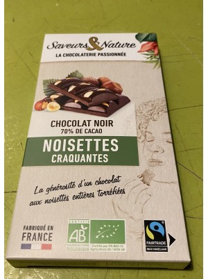 Chocolat Noir Bio 70% de cacao aux noisettes craquantes-80g